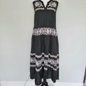 Chico's 100% Linen Black White Tiered Embroidered Boho Pockets Maxi Dress Sz 10